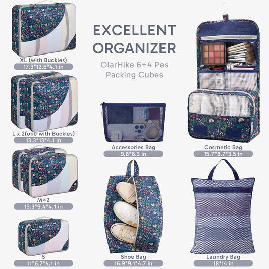 ALL INCLUDED 10 Set Durable Packing Cubes for Suitcases,OlarHike Essentials for Travel,UPGRADED Anti-Tear Stitching, NEW Improved Luggage Packing Organizers for Travel Accessories (Dark Blue Floral)