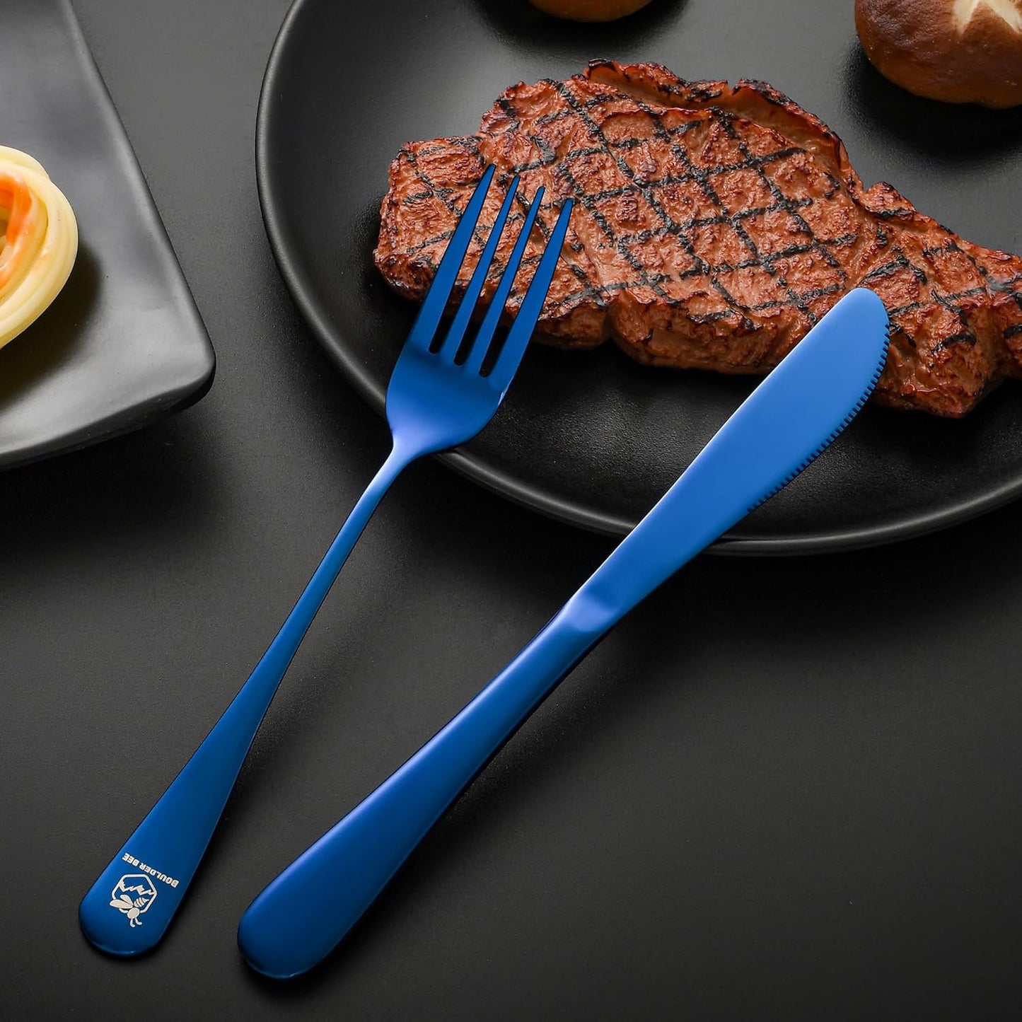 Boulder Bee | Travel Utensils Set | Reusable Camping Cutlery Set | Stainless Steel Flatware Set | Portable Silverware Set with Case | Includes Knife/Fork/Spoon/Straw/Cleaning Cloth/Case (Blue)