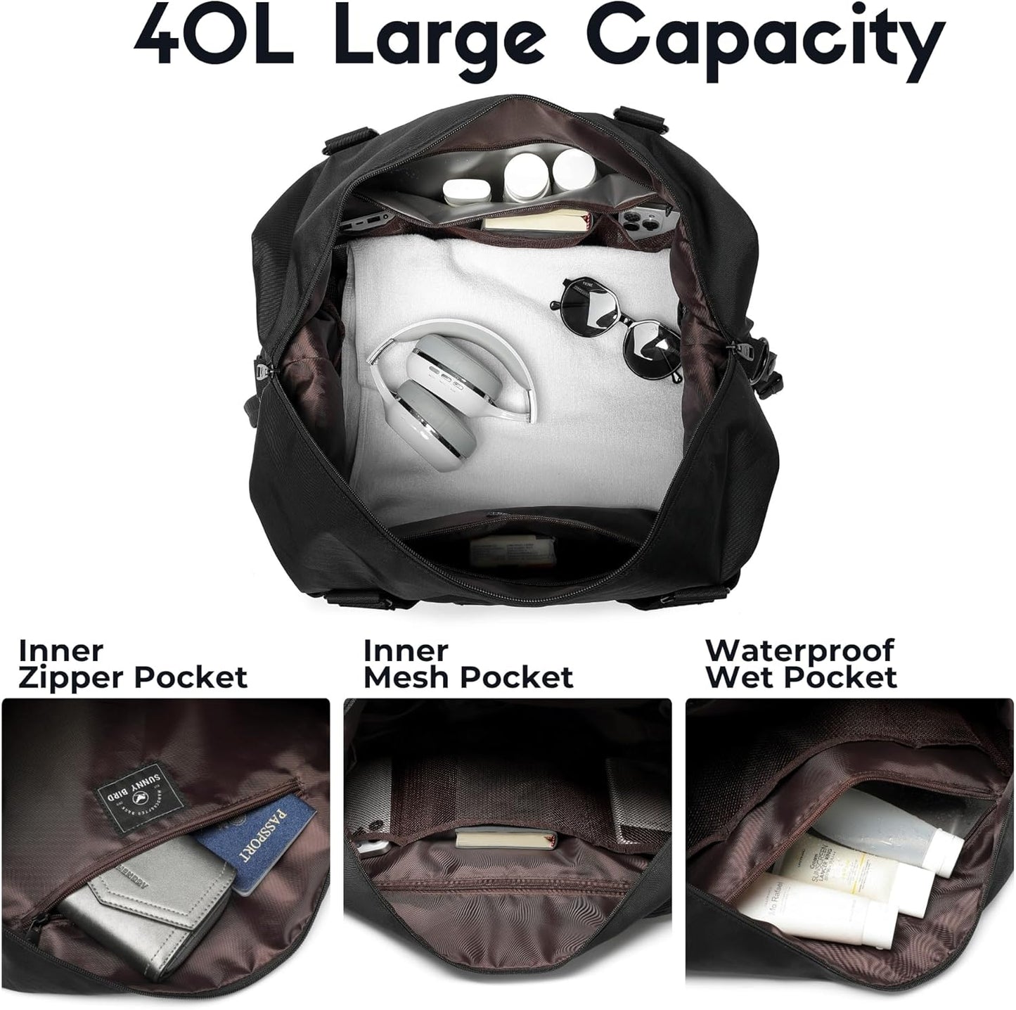SUNNY BIRD Duffel with Utility Pouch, 40L Weekender Overnight Bag with Shoe Compartment for Travel and Sports (Black)