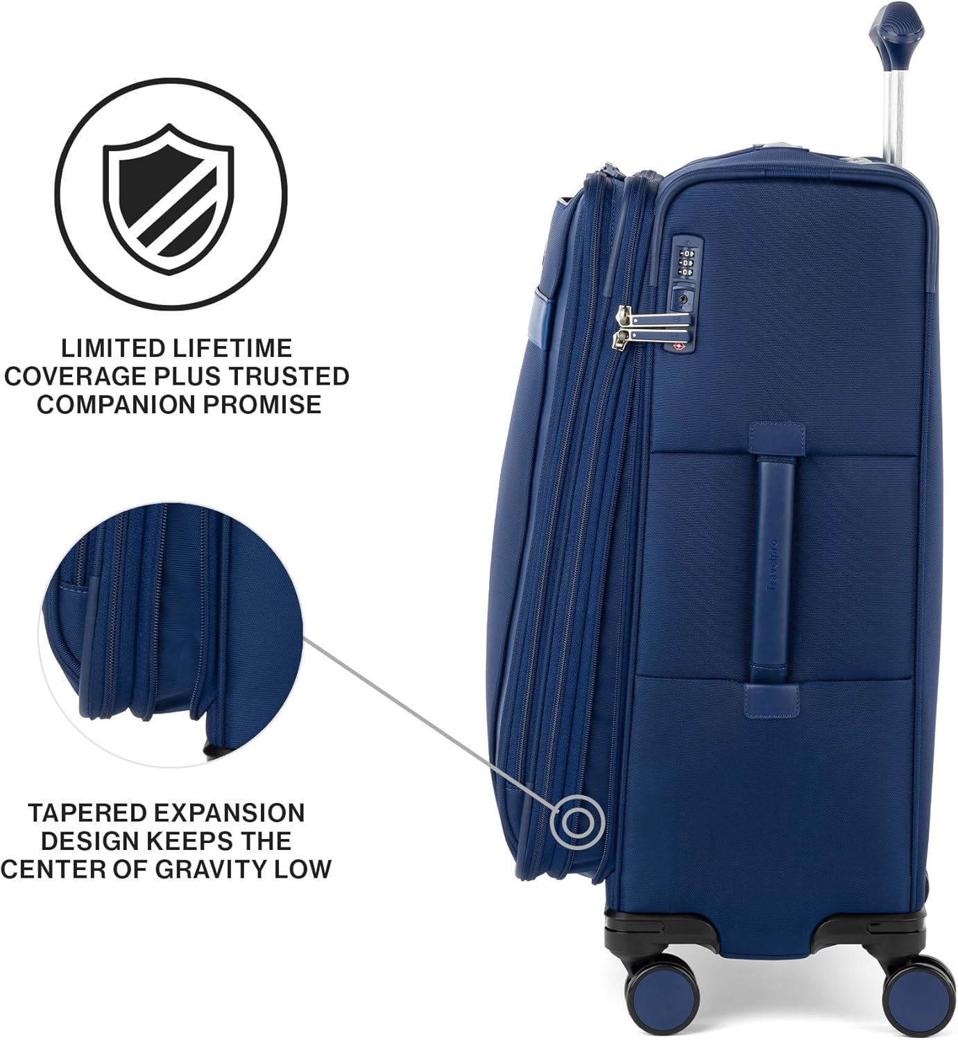 Travelpro VersaPack+ Lightweight Softside Expandable Checked Luggage, 8 Spinner Suitcase, TSA Lock, Men and Women, Checked Medium 25-Inch, Estate Blue