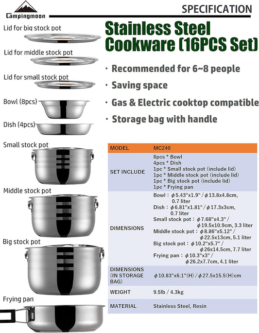 CAMPINGMOON Camping Cookware Set Stainless Steel Outdoor Nesting Cooking Mess Kit Pots Pans Bowls with Storage Carrying Tote Bag