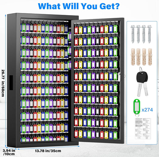 250 Keys Key Lock Box Wall Mount with Additional 24 Side Hooks and Key Tags, Anti-Theft Key Box Key Cabinet with Side Drop Slot, Key Organizer Key Safe for Home Office Garage Rental Business