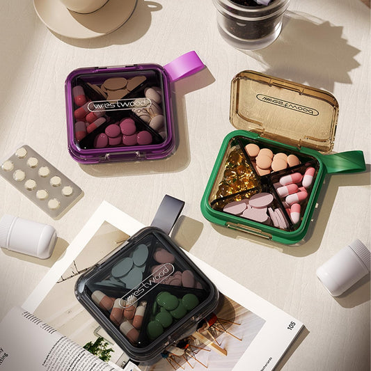 1 Pack Grey Pill Organizer with Strap, 4 Compartments, Compact Travel Pill Box Case, Portable and Moistureproof to Store Vitamins, Medication and Supplements