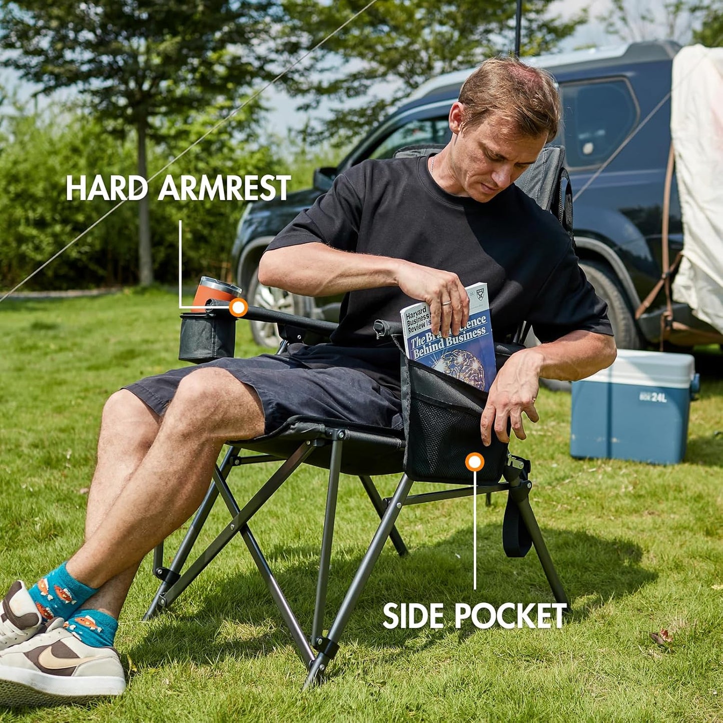 PORTAL Oversized Folding Camping Chair High Back Portable Lawn Chairs for Adults Outdoor Sports with Hard Armrest Cup Holder,Supports 400LBS Black