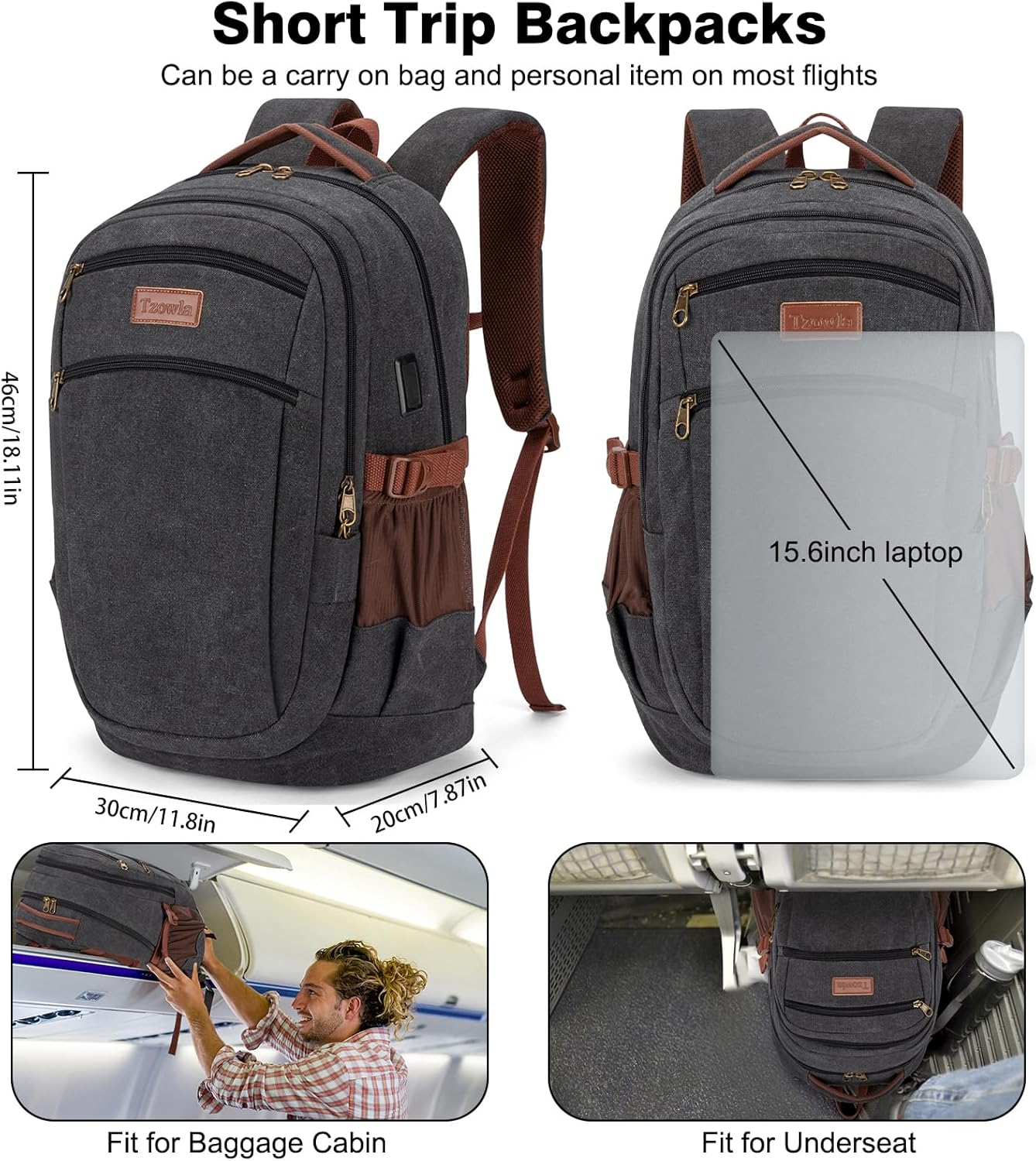 Tzowla Vintage Canvas Laptop Backpack for Men and Women,College Travel Work Rucksack with USB/Type-C Charging Port,Lightweight Bookbag Hiking Casual Daypack Backpacks Fit 15.6 Inch Notebook(Black)