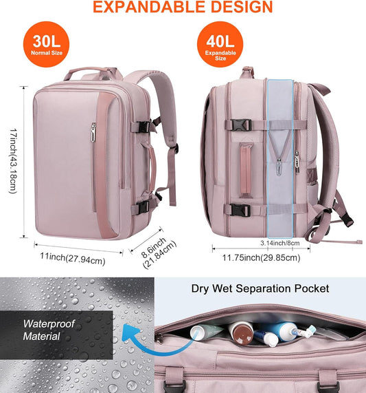 PIJUSHI Travel Backpack for Women Expandable Carry on Luggage Backpack Airline Approved Personal Item Laptop Bag(PE034 Light Purple)