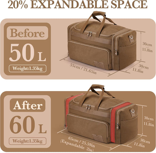 SHOWKOO Duffle Bag for Travel 60L Expandable Canvas Travel Bag Durable Vintage Weekender Overnight Carry On Bag for Men(Coffee)