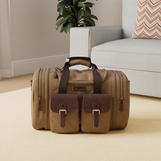 Wildroad 60L Travel Duffel Bag, Expandable Canvas Genuine Leather Duffle Bag Upgraded Overnight Weekender Bag Carry on Bag (Coffee, X Large-60L)