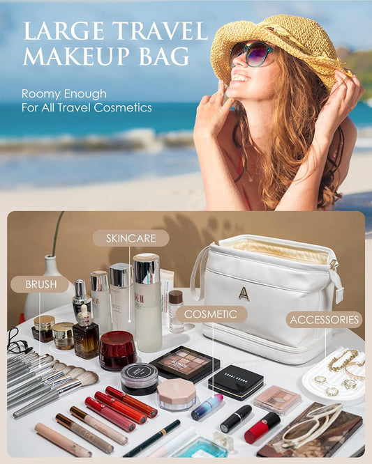 Bridal Shower Gifts, Cosmetic Bags for Women, Initial Makeup Bag, Women Gifts,Beach Bag Essentials Cosmetic Bag with Makeup Brush Organizer, Toiletry Bag Mothers Gifts