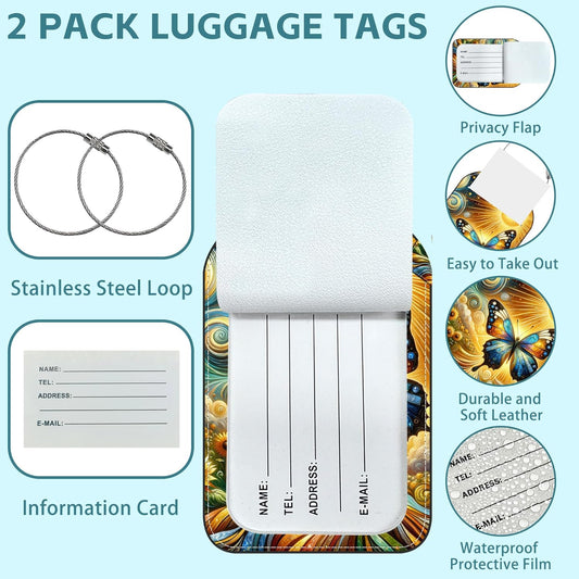 2 Pack Cute Luggage Tag for Suitcases Colorful Butterfly Leather Luggage Tags with Stainless Steel Loop Privacy Flap Name Tags,Men and Women Travel Bag Suitcase Tags