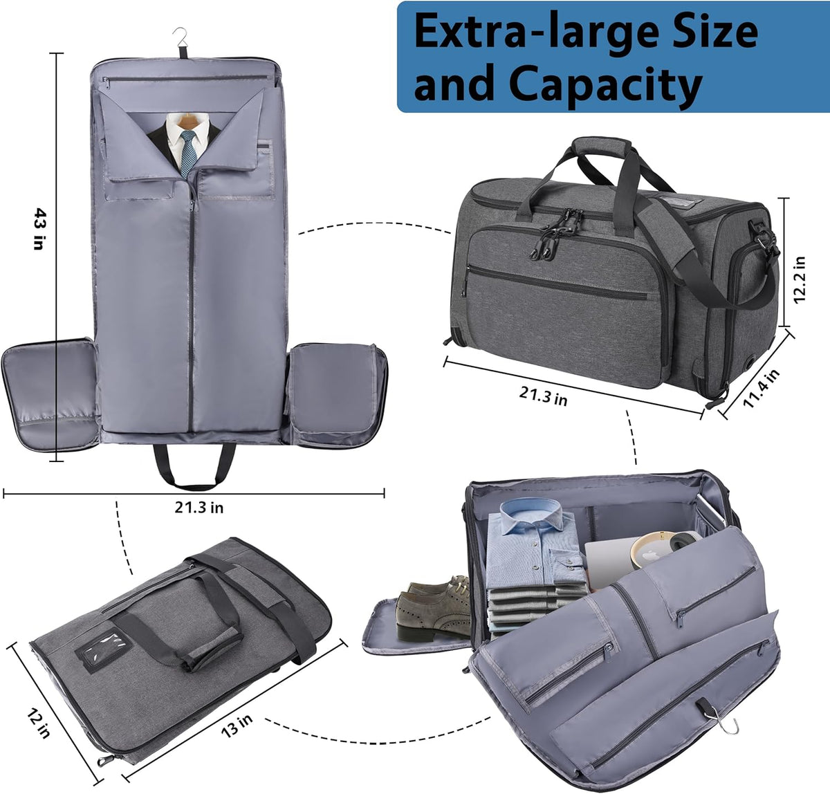 Garment Duffle Bags for Travel, YKK Zippers Carry On Convertible Suit Bag with Waterproof Compartment & Shoe Compartment & Shoulder Strap