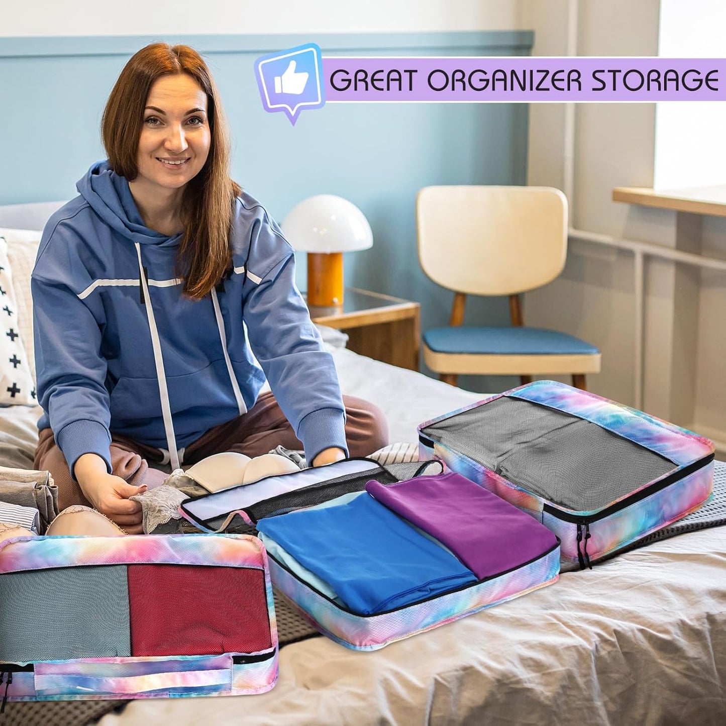 5 Pcs Packing Cubes for Suitcase Large Travel Cubes Carry on Luggage Organizer Bags for Clothes Accessories(L,Watercolor)