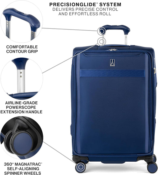Travelpro VersaPack+ Lightweight Softside Expandable Checked Luggage, 8 Spinner Suitcase, TSA Lock, Men and Women, Checked Medium 25-Inch, Estate Blue