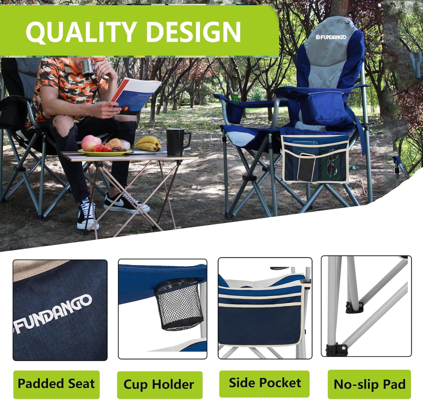 FUNDANGO 2 Packs Oversized Camping Chair with Lumbar Back Support Padded Outdoor Heavy Duty Camping Chair for Adults with Cup Holder, Armrest, Support 300 lbs