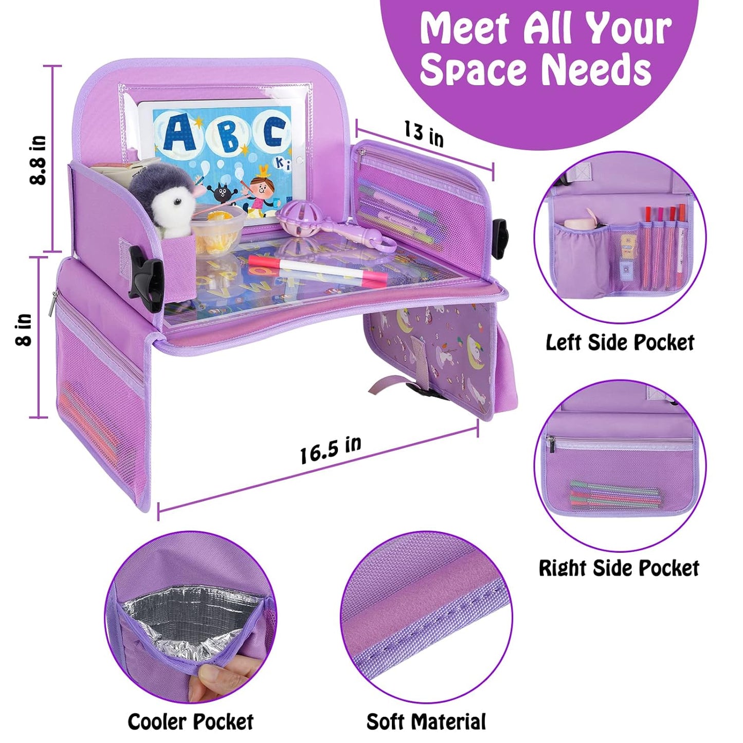MENZOKE Car Seat Tray for Kids Travel, Kids Travel Tray with Educational Drawing Board, Tablet Holder & Cooler Cup Holder, Holiday Gifts for Car Trip, Purple