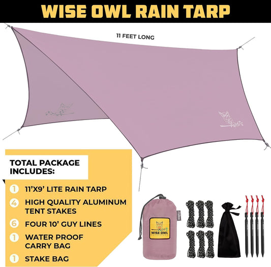 Wise Owl Outfitters Hammock Rain Fly – Waterproof Camping Tarp Cover with Tent Stakes & Carry Bag, Ultralight Shelter for Backpacking & Outdoor Shade