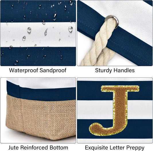 Becokan Beach Bag Initial Beach Tote with Makeup Bag for Travel Work Storage Personalized Birthday Gifts for Women Her