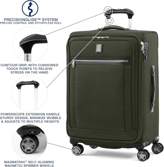 Travelpro Platinum Elite Softside Expandable Checked Luggage, 8 Wheel Spinner Suitcase, TSA Lock, Men and Women, Pilot Green, Checked Medium 25-Inch