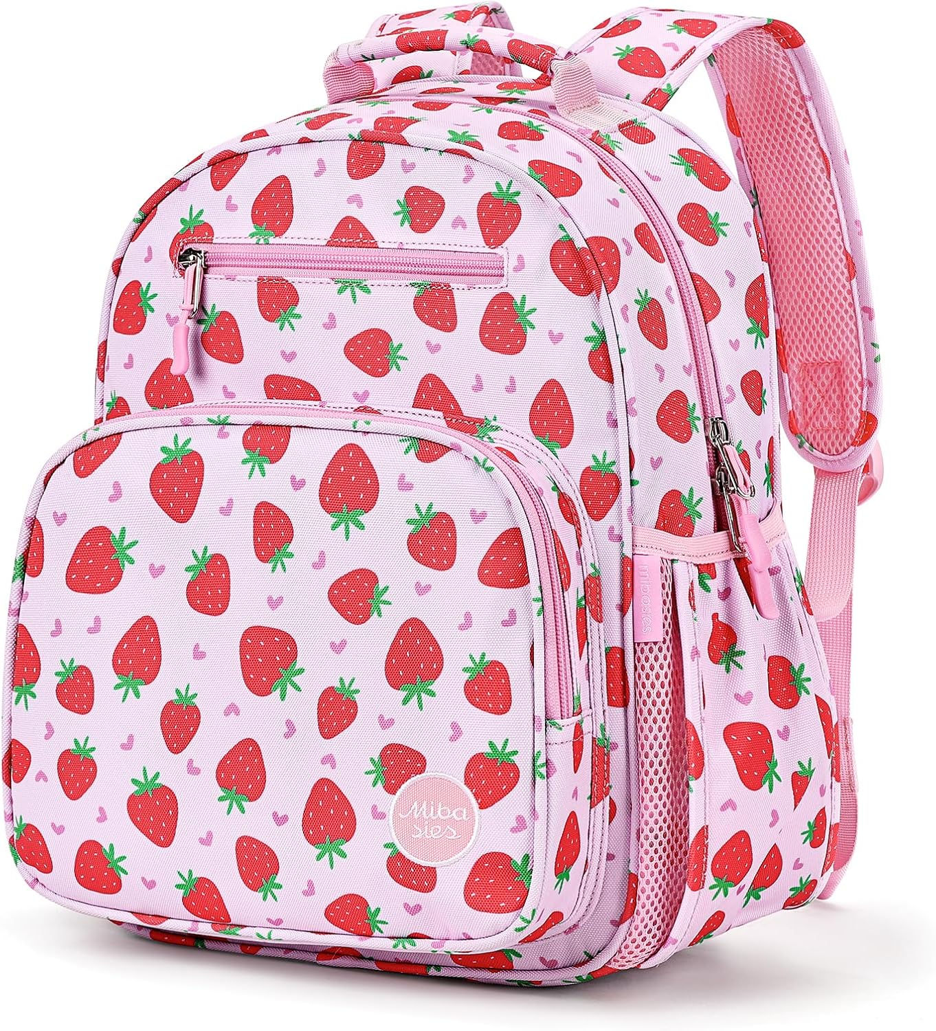 mibasies Girls Backpack 5-8: Lightweight Kids Backpacks for Girls - Girl Bookbag for Elementary School - Strawberry Heart-shaped Pink