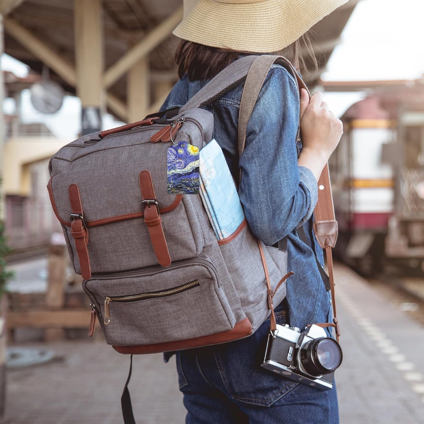 2 Pack The Starry Night Luggage Tags for Suitcases,Starry Night Van Gogh Leather Baggage Suitcases Tag Name ID Label Privacy Cover Travel Bag Tags for Women Men Boys Girls