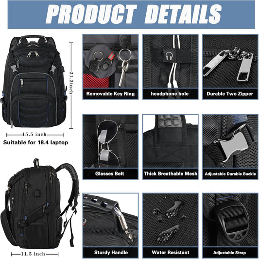 18.4 Inch Laptop Backpack,Extra Large Travel Backpack with USB Charger Port for Men Women,60L Big Capacity Heavy Duty Computer Bag TSA Friendly RFID Anti Theft Pocket Backbag,21.2*15.5*11.5 inch Blue