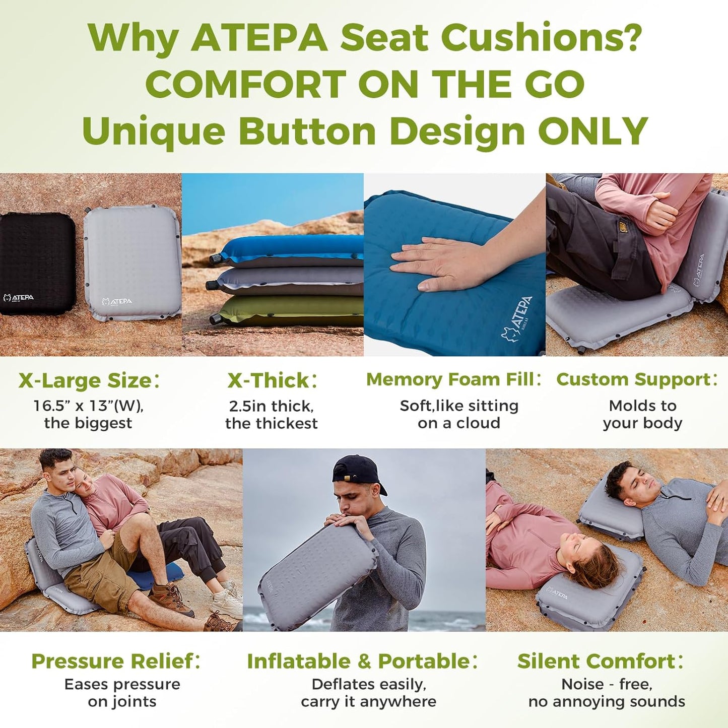 ATEPA Inflatable Stadium Seat Cushion, Self-Inflating Memory Foam Stadium Seats Bleacher Seat Chair Cushion Pad for Airplane Travel Backpacking Sports Events