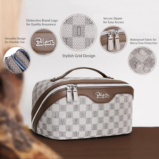 BOYATU Travel Makeup Bag Cosmetic Bags for Women: Large Make up Bags Set of 3 - Portable Makeup Organizer with Compartments&Handle&Divider - Waterproof PU Leather Toiletry Bag(02-Light Brown)