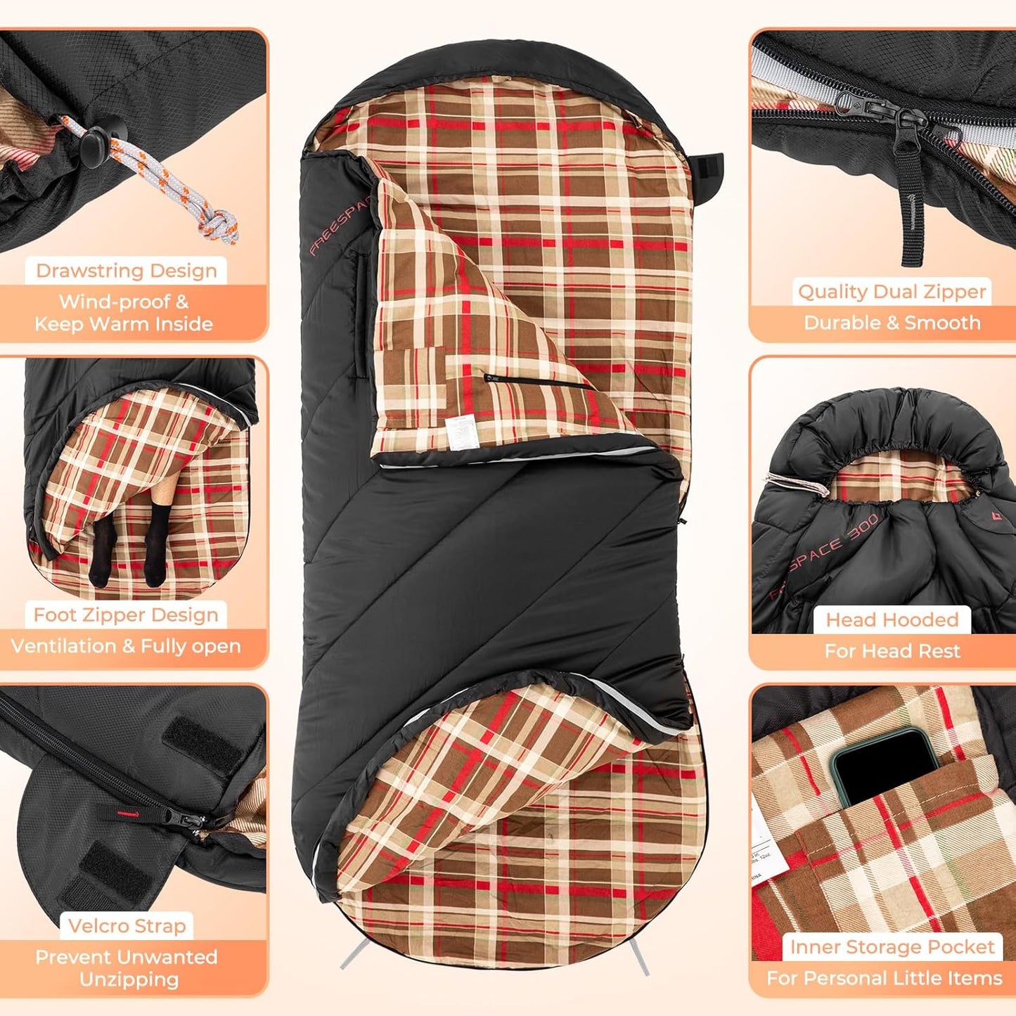 KingCamp Sleeping Bag for Adults, Cold Weather & Warm Extra Wide Big & Tall XL Portable Waterproof Flannel Sleeping Bags, Essentials Gear Accessories for Camping Backpacking Hiking Indoor & Outdoor