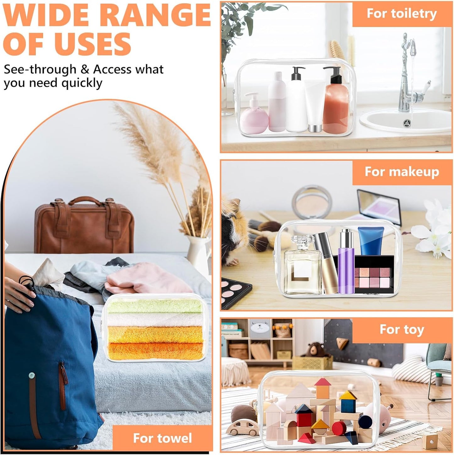 AURUZA 4 Pack Clear Toiletry Bag, Portable Travel Makeup Pouch with Zipper, TSA Approved Organizer, PVC Cosmetic for Airport Airline Compliant