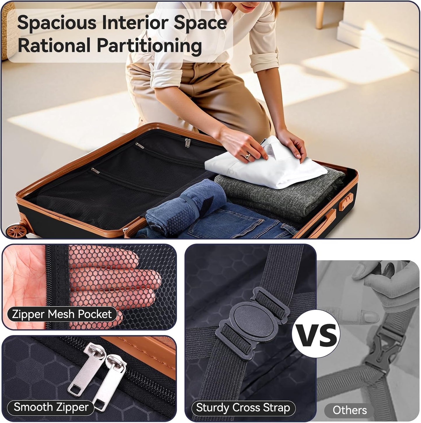 Hoteel 6 Piece Luggage Set with Spinner Wheels (4-YEAR WARRANTY), Carry on Luggage for Travel with TSA Lock, ABS+PC Hardshell Suitcase Set, 16"/20"/24"/28"+Duffel Bag+Cosmetic Bag(Black)