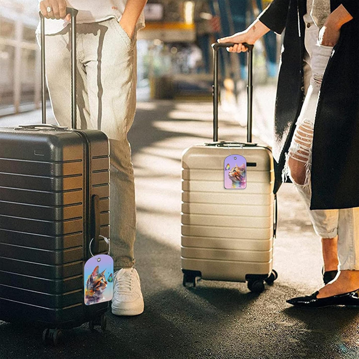 2 Pack PU Luggage Tags for Suitcase, Watercolor Cat and Butterfly Suitcase Tag Leather ID Label Bag Tags with Privacy Cover and Metal Loop for Men Women Travel Bag