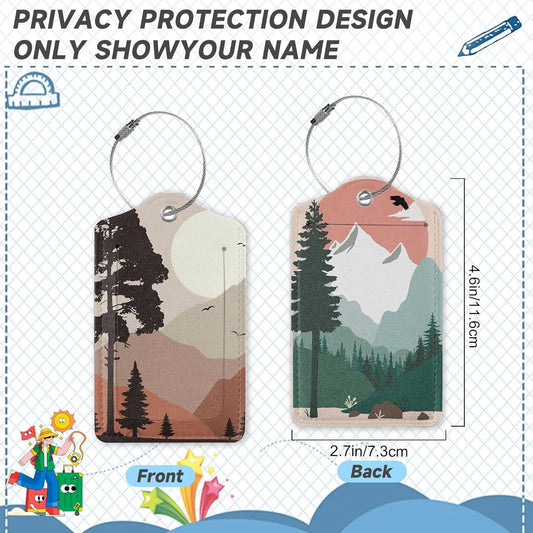 2 Pack Luggage Tag for Suitcase, Landscape Pine Trees Mountains Leather Bag Tags Identifiers Privacy Cover ID Label with Durable Steel Loop for Women Men Kids Girls Travel