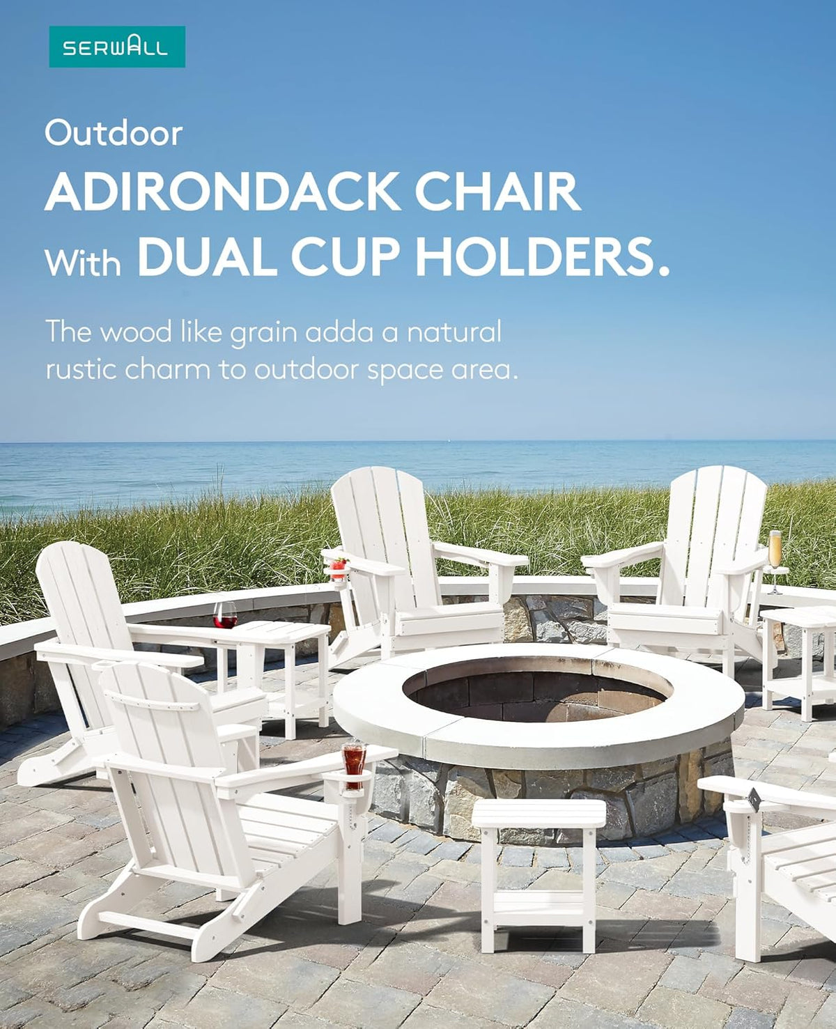 SERWALL Adirondack Chair with Cup Holders - Composite Adirondack Chairs Set of 6 HDPE Outdoor Chairs All Weather Use- White