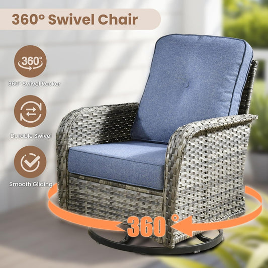 HOOOWOOO Patio Furniture Set,5 Pieces Outdoor Conversation Set,All Weather Wicker Loveseat Sofa Set with High Back Swivel Rocking Chairs Tables,Denim Blue