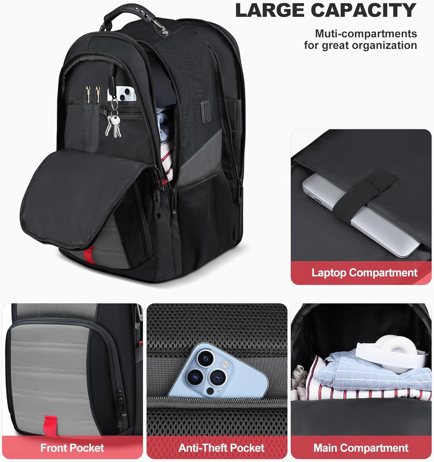 Extra Large Laptop Backpack for Men, Travel Backpack,Big Backpack, 50L Water Resistant School Business Work Computer College Heavy Duty Bag with USB Port, Fits 17 Inch Laptop, Grey