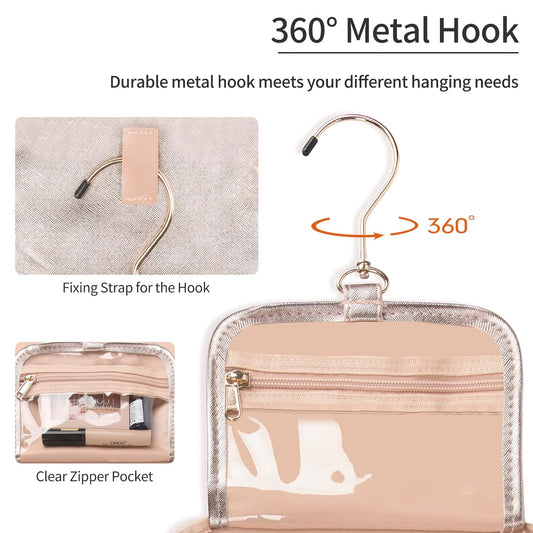 Toiletry Bag for Women - Hanging Travel Toiletry Bag with 360° Hook 3 Compartments Makeup Organizer with Portable Handle PU Leather Water-resistant Cosmetic Pouch