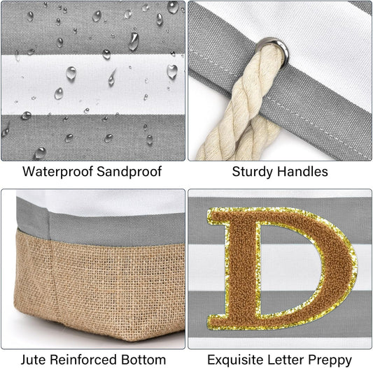 Becokan Beach Bag Initial Beach Tote with Makeup Bag for Travel Work Storage Personalized Birthday Gifts for Women Her