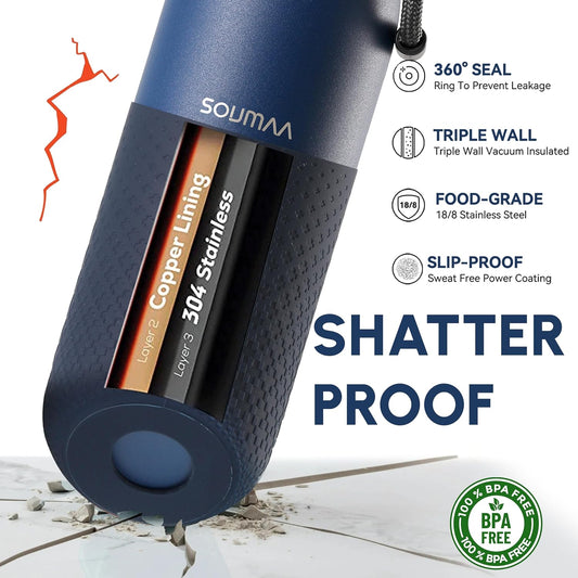 Insulated Stainless Steel Water Bottles with Straw, Wall Vacuum Insulated Water Bottle for Gym Traveling Camping Hiking Outdoor Activity(2 Cleaning Brushes+1 Carabiner, 18 oz Blue)