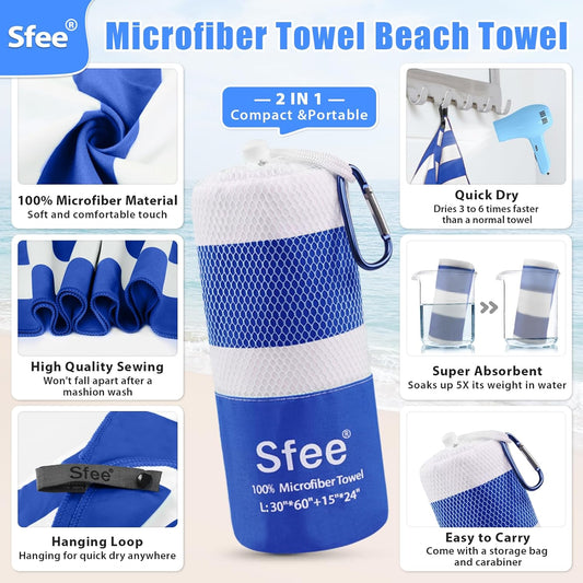 Sfee 2 in 1 Microfiber Oversized Beach Towel, Quick Dry Towel Travel Camping Towel Super Absorbent Compact Lightweight Sports Gym Towels for Beach,Gym, Hiking, Pool, Backpacking, Bath, Yoga