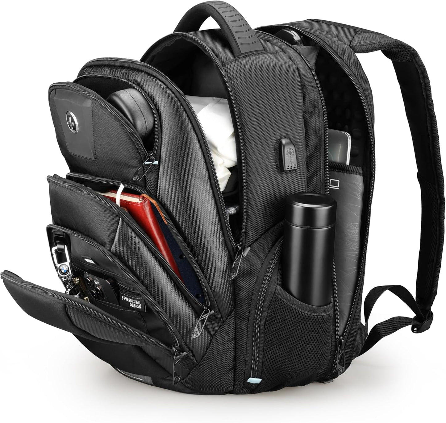 Swissdigital Design TSA Business Laptop Backpack for Men, Large Capacity Travel Backpack with Apple Find My Network and USB Charging Port Tech Backpacks Fits 17 Inch Computer Black| SD1643FB-01