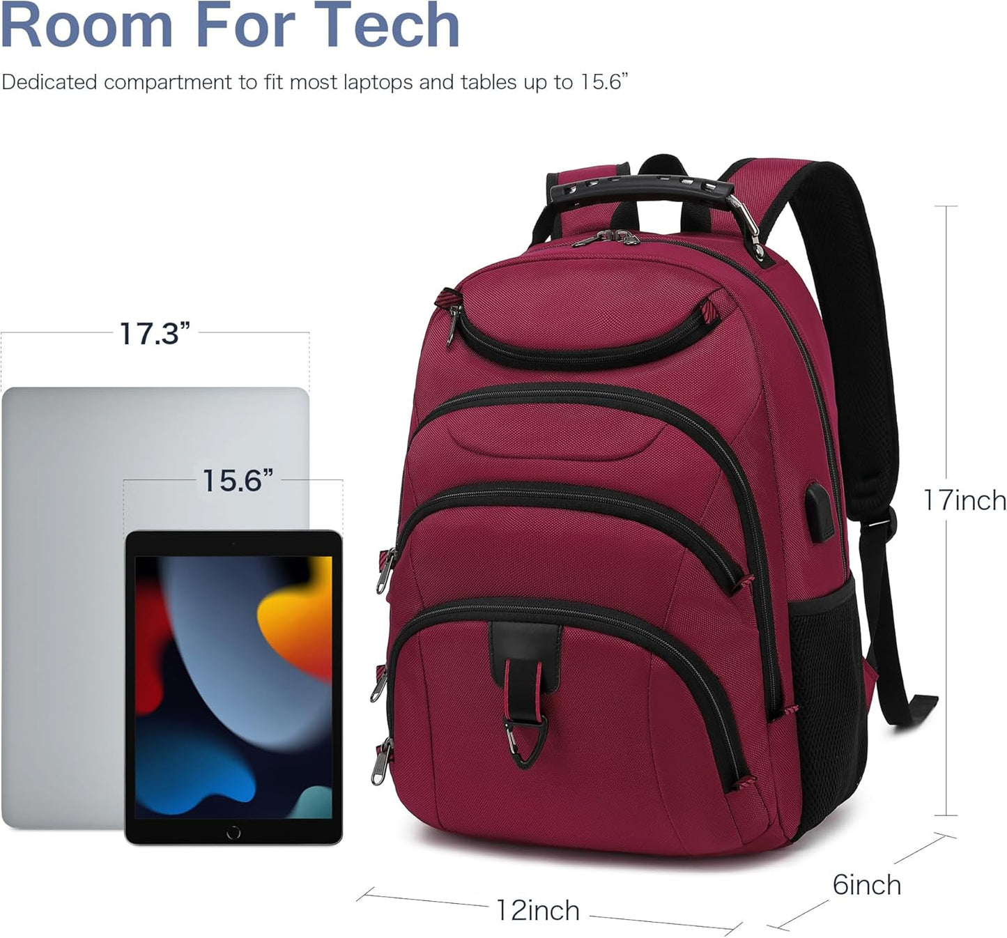 Boavan Laptop Backpack for men, 15.6 inch Laptop Bag with USB Port, Waterproof Travel Work Backpack Purse, Anti-Theft Teacher Nurse Doctor Casual Bookbags Office Business backpack,Russet Red