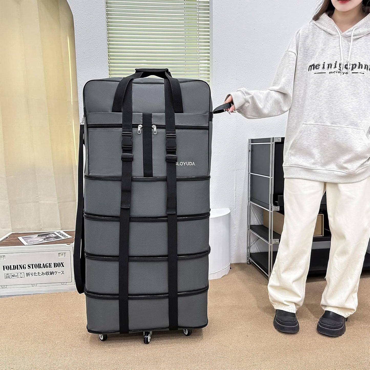 Expandable Foldable Luggage, 42'' Suitcase With Spinner Wheels, Rolling Duffle Bag with Wheels and Handle, Collapsible Luggage, With 2 Handle Wrap and 2 Fixing Straps, 1 Shoulder Strap (Grey)