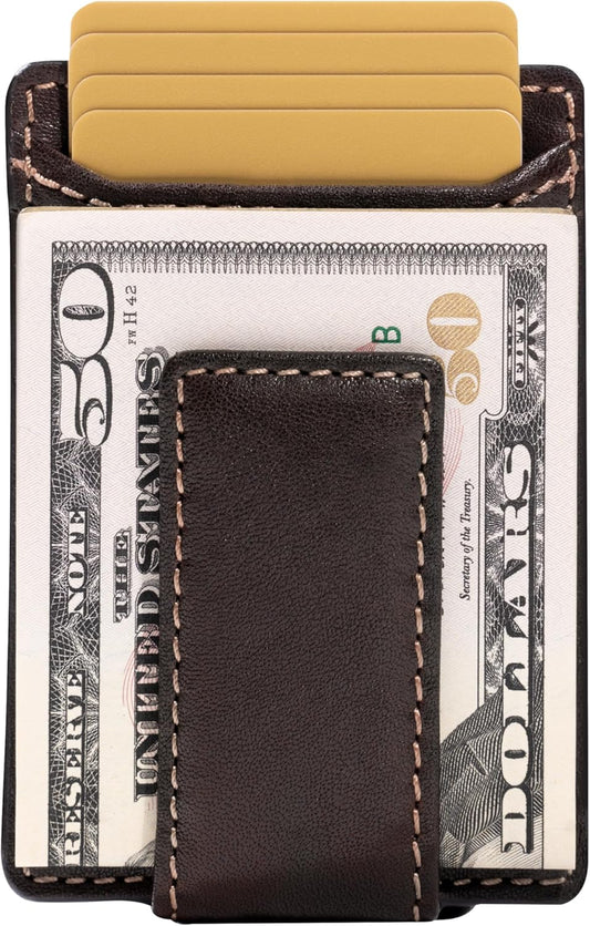 House of Jack Co. Corbin Slim Money Clip Wallet for Men, Strong Magnetic Clip with Exterior ID Window, Full Grain Cowhide Leather Front Pocket, Brown
