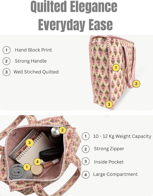 Cotton Quilted Tote Bag for Women – Large Beach & Travel Tote with Zipper, Reusable Grocery Bag