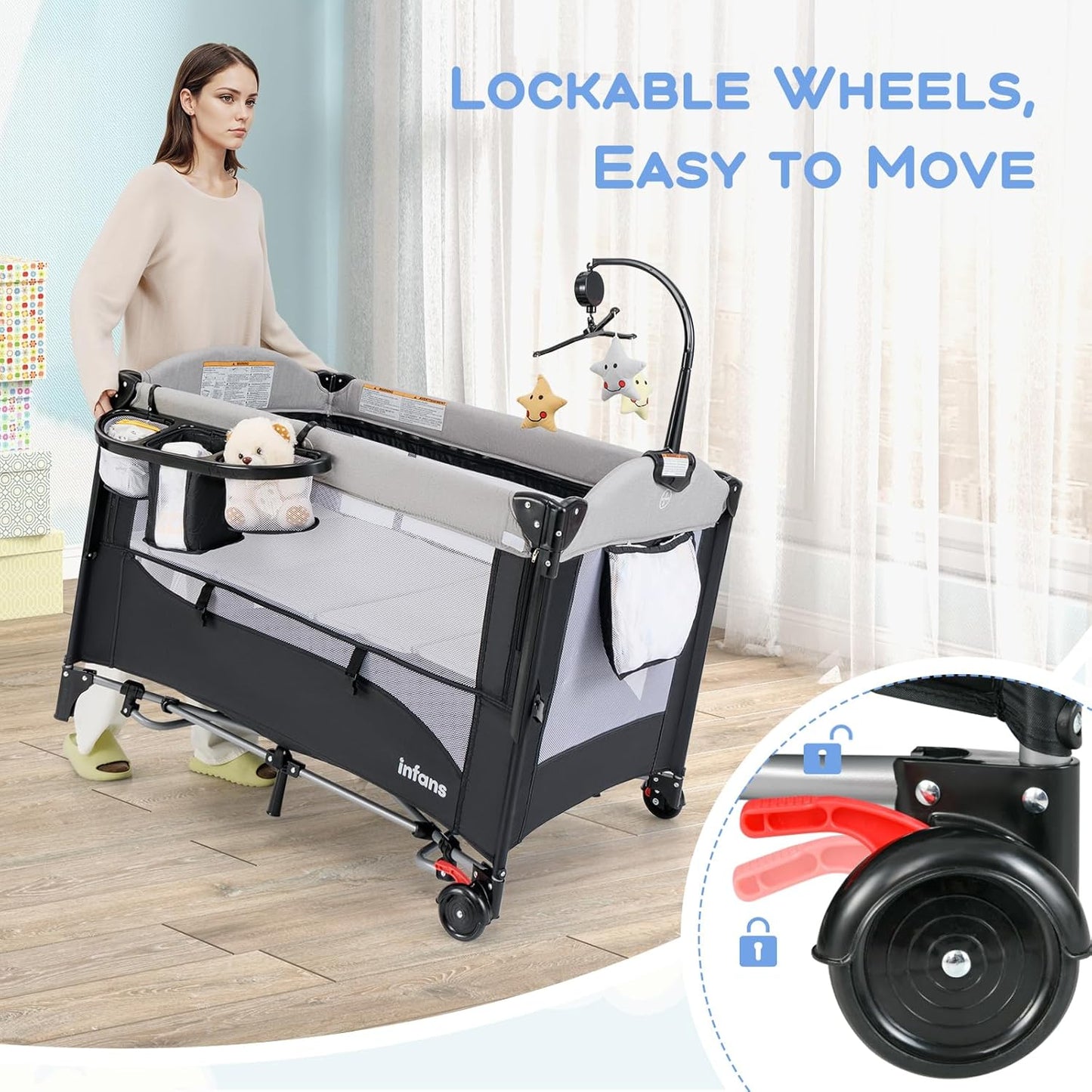 INFANS Pack and Play, 5 in 1 Baby Bedside Sleeper with Bassinet, Diaper Changer, Mattress, Carry Bag, Music Box Hanging Toys, Foldable Bedside Crib, Portable Playard for Newborn Toddlers (Gray)