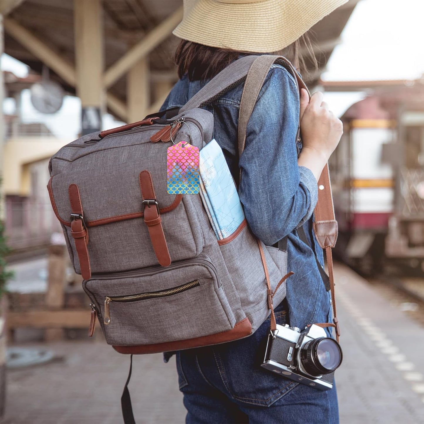 2 Pack Mermaid Scales Luggage Tags for Suitcases,Watercolor Fish Scales Leather Baggage Suitcases Tag Name ID Label Privacy Cover Travel Bag Tags for Women Men Boys Girls