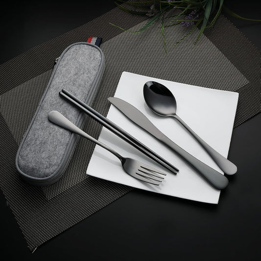DEVICO Camping Utensils, Portable Travel Utensils with Case, Stainless Steel Reusable Silverware for Lunch Adult, 5Pcs Cutlery Set Includes Knife Spoon Fork Chopsticks and Case (Black)