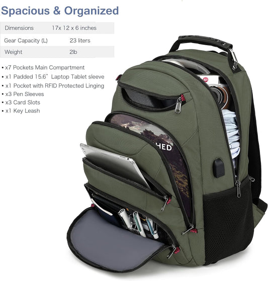 Boavan Laptop Backpack for men, 15.6 inch Laptop Bag with USB Port, Waterproof Travel Work Backpack Purse, Anti-Theft Teacher Nurse Doctor Casual Bookbags Office Business backpack,Green