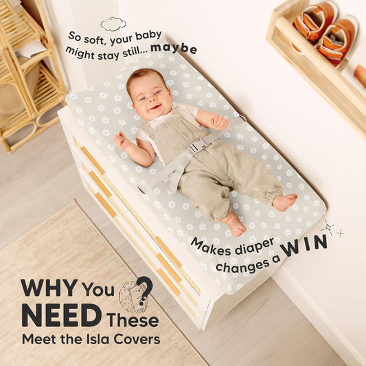 2-Pack Baby Changing Pad Covers for Girl, Boy, Neutral - Soft Viscose Derived from Bamboo Changing Table Pad Cover Sheets, Baby Nursery Diaper Changing Pad Cover, Contour Changing Pad Liner (Meadow)