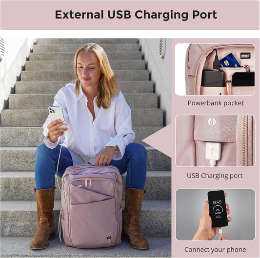 Swissdigital Design Laptop Backpack For Women,College Bookbags With USB Charging Port,Cute Computer Backpacks For Work Business,Pink | KATY ROSE